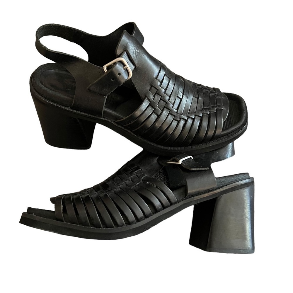 Riverstone Black Woven Leather Open Toe Chunky Block Heel Heeled Sandal 8.5